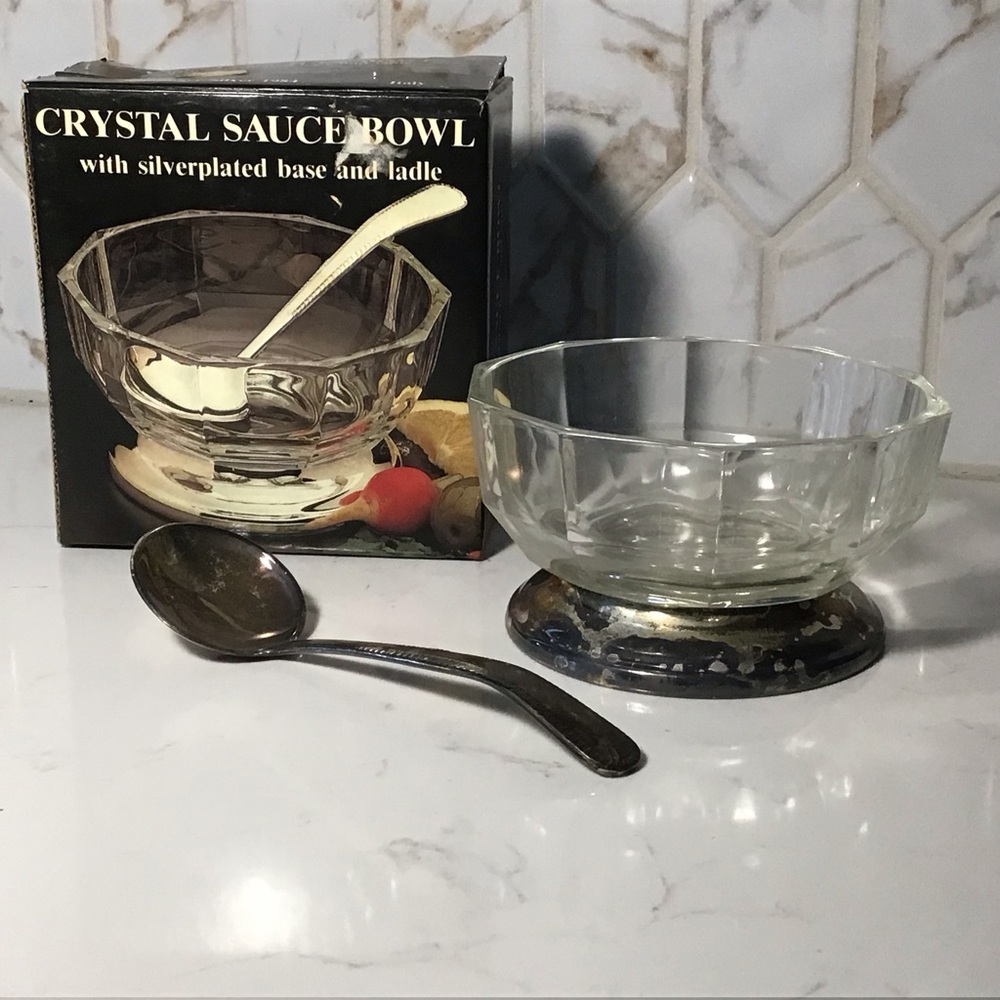 Vintage Godinger Crystal Sauce Bowl w/ Silver‑Plated Base & Ladle — Italy 1984 - Picture 2 of 8
